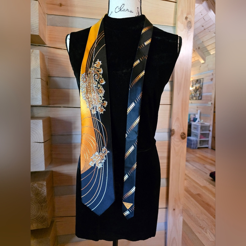 Men's Vitaliano Pancaldi Signature Black Silk Tie With Gold Florals And Ribbons